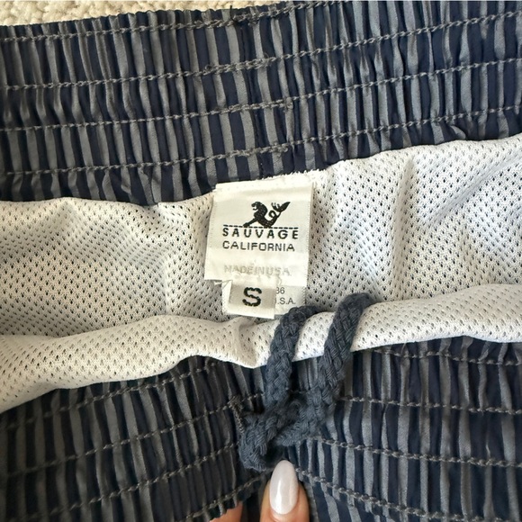 Sauvage California Swim Shorts | Blue Striped | Size S | 100% Nylon - Picture 7 of 10